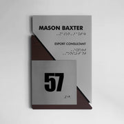 Office Door Number Sign with Custom Text: Stainless Steel & Wood — "Creative" Design